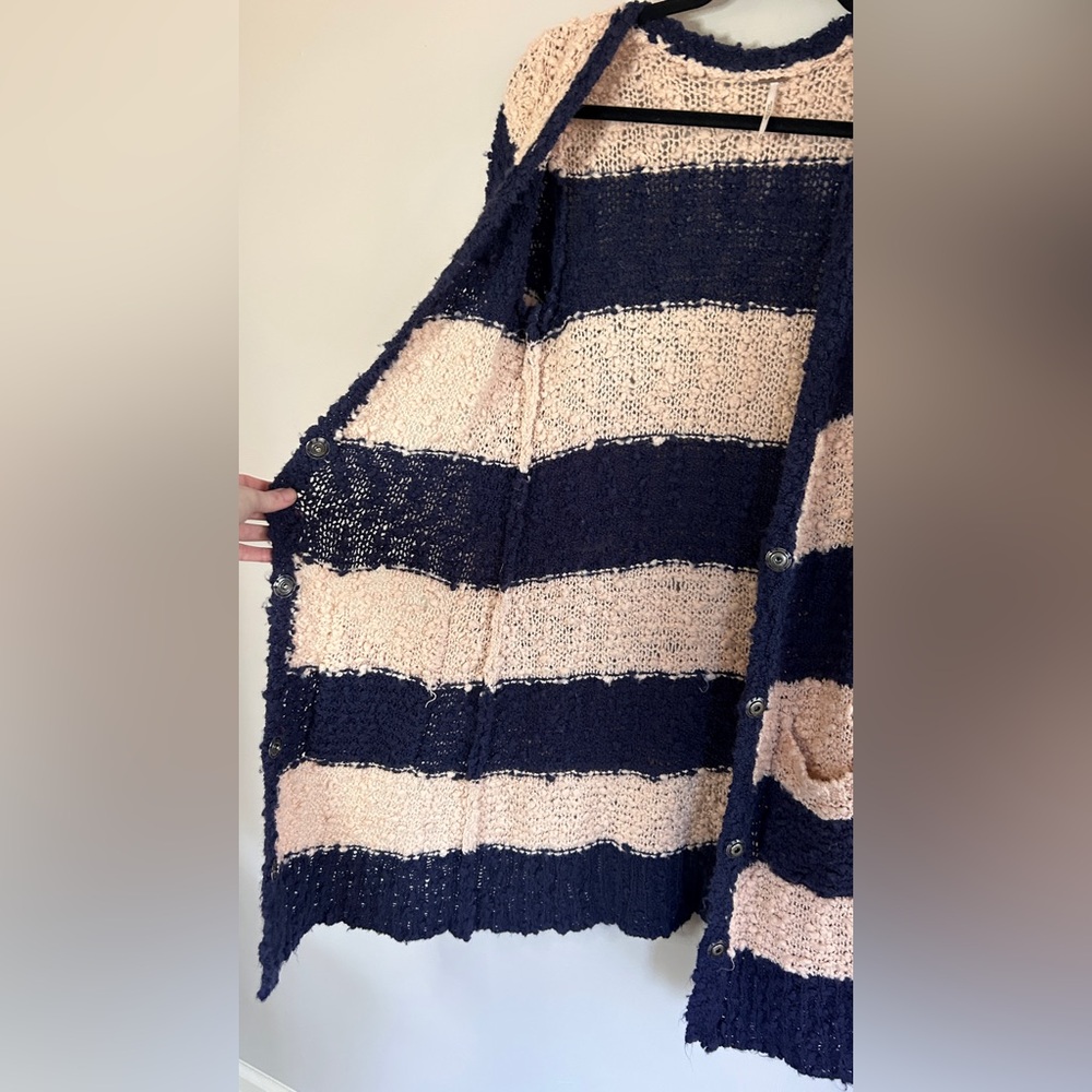FREE PEOPLE Rugby Striped Chunky Bouclé Knit Long Cardigan Boho Cottage Size M - Picture 10 of 15